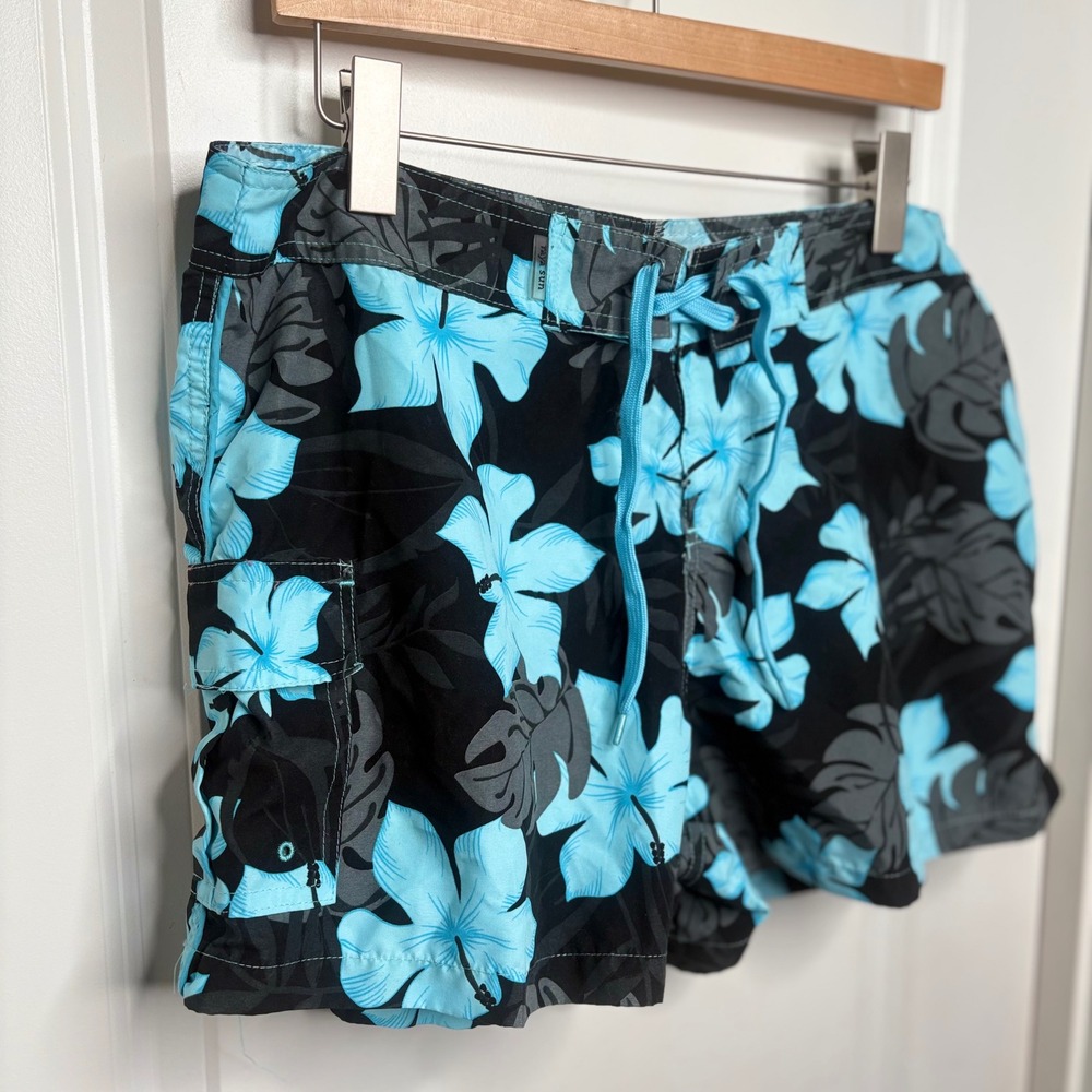 Raya Sun Board Shorts Mens XL Blue Black Tropical Floral Swim Trunks Resortwear